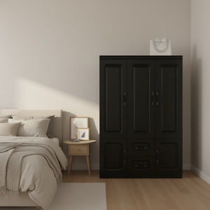 Armoire en bois moderne à 3 portes, haute, avec 2 tiroirs et étagères, modèle noir D0100XTYQUA - Product Image 2