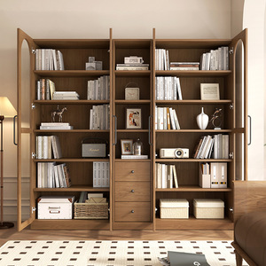Estante flotante de roble <span class=keywords><strong>rojo</strong></span> moderno, puerta de cristal, sala de estar de Hotel, armario de almacenamiento de pared completa, estantería de montaje en suelo de madera maciza - Product Image 2