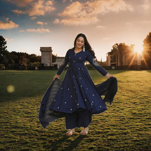 Conjunto de Kurta Anarkali Azul Marino Prayosha Enterprise para Mujer, Pantalones Palazzo, Dupatta a Juego, Elegante, Manga Larga, Bordado, Estilo Étnico - Product Image 2