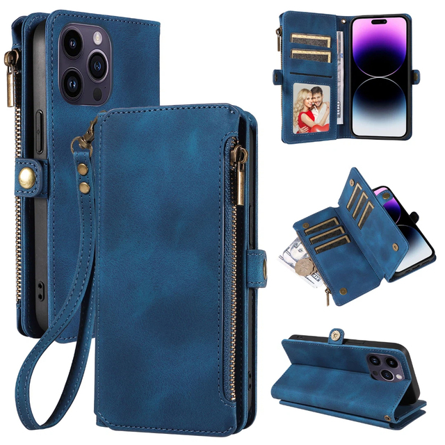 PU Leather Wallet Phone Case for iPhone 15 Pro Max, 9 Card Slots + Zipper Coin Pocket, Kickstand, RFID Blocking, 360° Protection