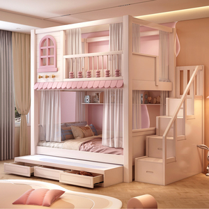 JS Pink <strong>White</strong> Castle <strong>Bunk</strong> <strong>Bed</strong> for Girls with Slide Storage Staircase-Comfortable Durable Modern Bedroom <strong>Bed</strong> - Product Image 3