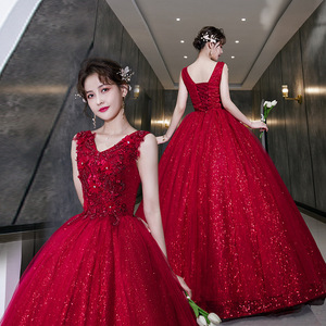 Red Sequin Evening Gown Women Formal Dress Stage Performance Tutu Skirt Claret Polyester Fiber - Product Image 1