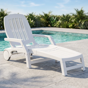 White Modern Outdoor Plastic <b>Foldable</b> Sun Lounger <b>Chair</b> with <b>Cushions</b> and Tapered Legs for Beach Use - Product Image 4