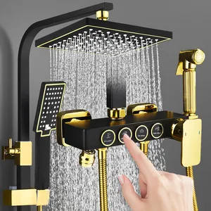 Vierkante Badkamer Douchesysteem Senducs Zwart Goud Bad Mixer Kraan Warm Koud Badkamer Kraan Thermostatische Douche Set