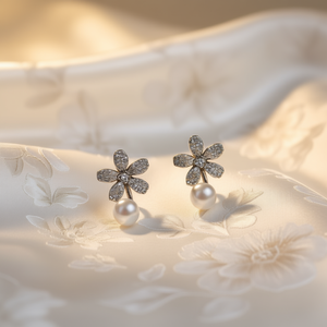 Orecchini a Perno con Fiore in Oro Bianco e Perla Coltivata, Argento 925, Grado AAA, Gioielli Romantici da Donna per Uso Quotidiano - Product Image 2