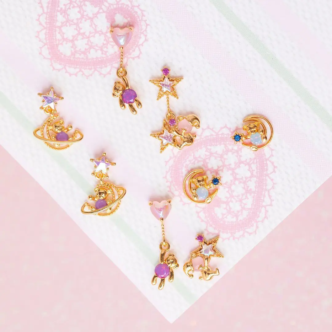 Pendientes asimétricos con diseño de Luna y Planeta para mujer y niña, aretes de oro de 18k con ópalo y corazón de amantes del planeta rosa