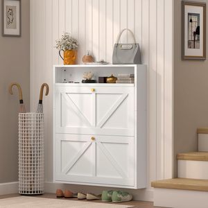 Scarpiera Durevole Autoportante per Soggiorno, Stile Rustico Antico, con 2 Cassetti a Ribalta e Vano Aperto, Sottile e Stretta - Product Image 5