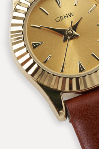 Reloj de Pulsera Clásico Pequeño GBHW, Reloj de Cuarzo Dorado y Marrón para Hombre, Caja de Acero Inoxidable de Lujo con Correa de Cuero - Product Image 5