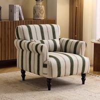 Fauteuil Rétro Français Wabi-Sabi Rayé - Accoudoir Courbé & Pieds en Bois Massif Sculpté - Canapé Individuel pour Salon & Gîte