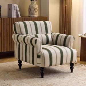 <span class=keywords><strong>Fauteuil</strong></span> Rétro Français Wabi-Sabi Rayé - Accoudoir Courbé & Pieds en Bois Massif Sculpté - Canapé Individuel pour Salon & Gîte - Product Image 5