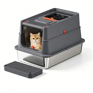 Stainless Steel Rectangle <b>Cat</b> <b>Litter</b> Box Lettiera Anti Scatter Odor Proof Portable With Scoop Easy Maintenance Multi <b>Cat</b> Use - Product Image 1