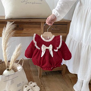 Hiver Nouveau Bébé Fille Casual Festive Red Baby Romper Long-sleeved Fat-wrap Fleece-lined Bow Button Closure New Year's Clothes - Product Image 1