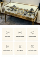 Vitrine de présentation de bijoux vintage en acier inoxydable doré avec tiroir de rangement, armoire en verre ultra-transparent avec éclairage LED intégré, design arrondi