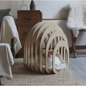 Creative Curved Design Solid Wood Cat <b>Bed</b> Oval Natural Wood Color Faux Fur Fill Cat <b>House</b> - Product Image 1