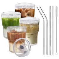 Gobelets en verre de 20 oz avec pailles et couvercles, tasses à café glacé côtelées, verres en verre épais anti-fuite avec couvercles, idéaux pour le café