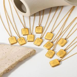 Collier pendentif fleur de naissance gravé en acier inoxydable de 12 mois plaqué or 18 carats bijoux carrés pour femmes - Product Image 1