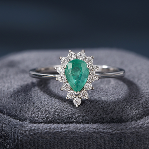 Luxury Natural <b>Emerald</b> Pear Cut Prong Set <b>Ring</b> Rhodium Plated Fine Jewelry For Women May Birthstone Wholesale - Product Image 4