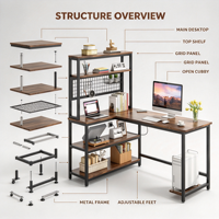 Bureau d'ordinateur en forme de L avec étagères de rangement, panneau perforé, prise de courant et support pour unité centrale pour bureau à domicile, bureau d'étude, poste de travail