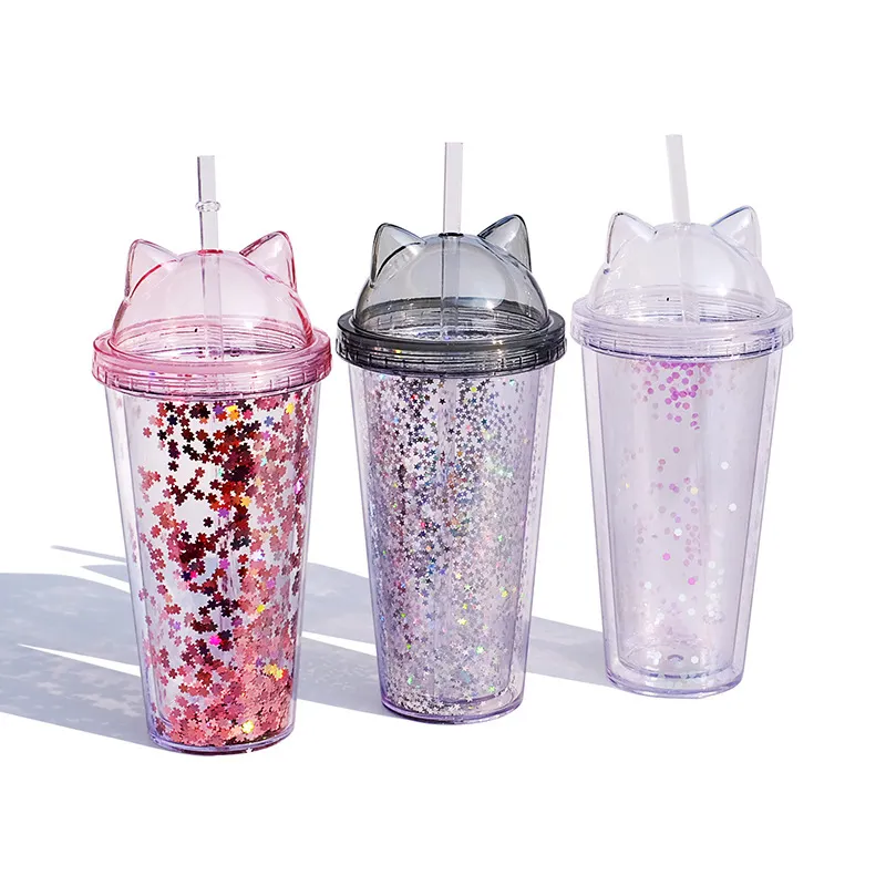420ml INS BPA Free Reusable Travel Mugs Tumbler Sequins Plastic Cat Ears Double Wall Glitter Cup with Lids and Straws For Kids