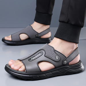 Sandales décontractées d'été pour hommes en cuir véritable à bride en T, motif uni, doublure textile, bout ouvert, semelle extérieure en caoutchouc antidérapante - Product Image 2