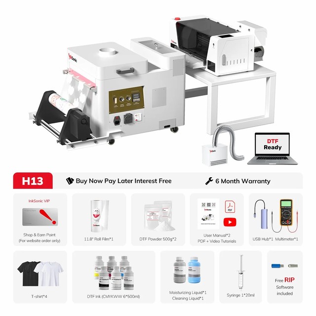 InkSonic 14inch DTF Printer With Shaker and Fume Extractor H13 Dtf Printer Kit with Oven Full Transfer Solution Printing Machine