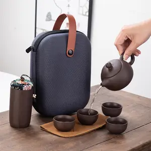 Gift Product Chinese Ceramic Tea Canister Purple Clay Pot Cup Tea Set With Travel Bag