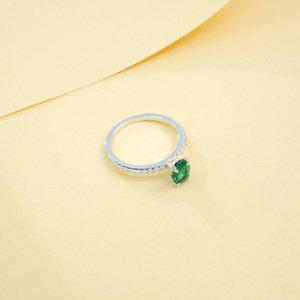 Classic Oval Cut Lab Created <b>Emerald</b> Solitaire <b>Ring</b> with Diamond Accents in 925 <b>Silver</b> for Bridal - Product Image 5