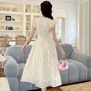 ZYHT 21775 New Season Women's Elegant Apricot Lace <strong>Midi</strong> <strong>Dress</strong> with Flattering V Neck Puff Sleeves for Daily Wear - Product Image 2