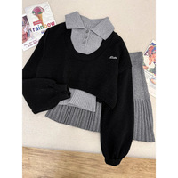 Ensemble pull et jupe courte en maille polyester/coton pour femme, col rabattu, gris et noir, style vintage, anti-boulochage