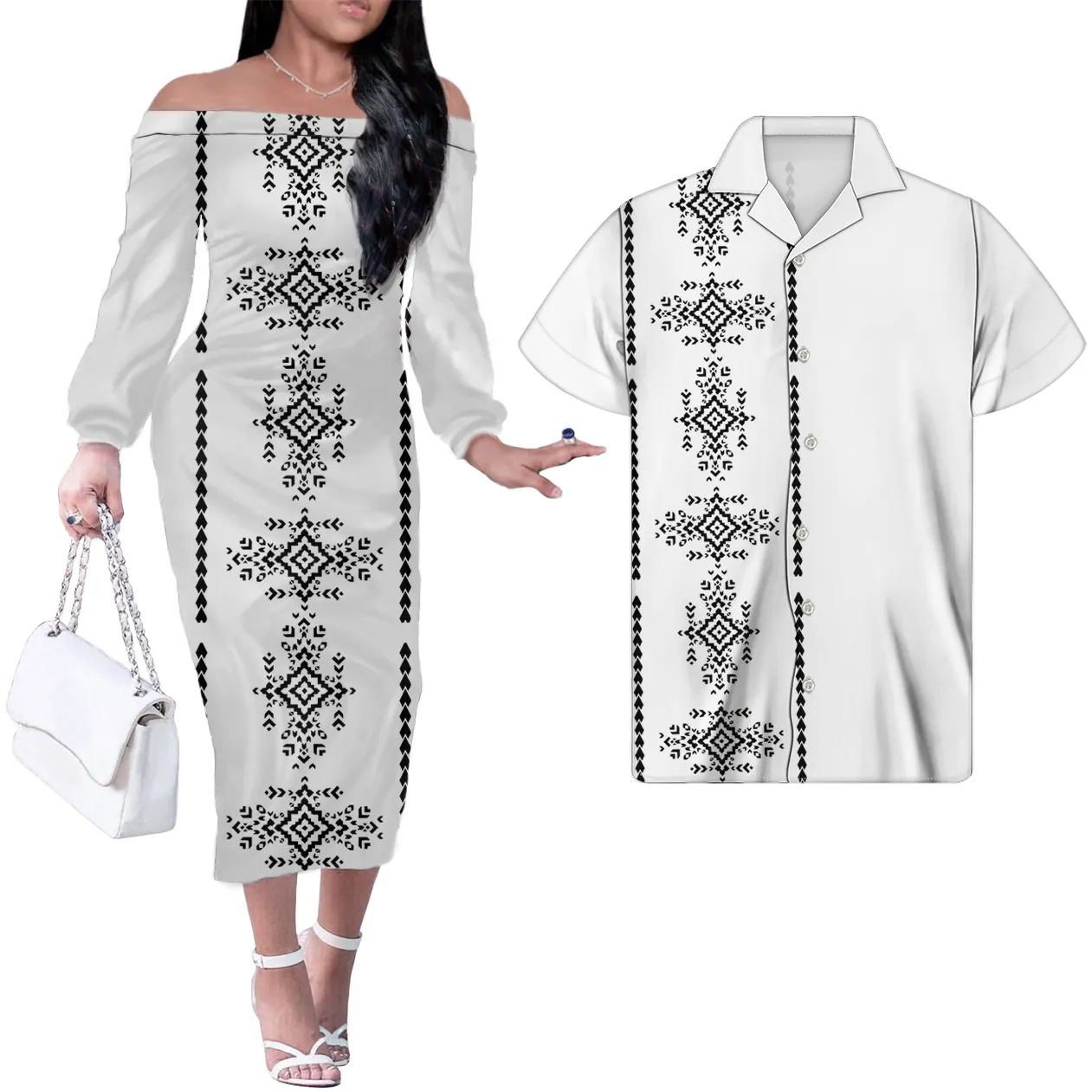 2023 vestido acogedor pareja ropa Polinesia mujer noche vestido blanco con estampado de hibisco vestido de otoño para mujer
