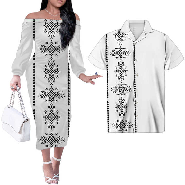 MORNWORLD Polynesian Matching Dress & Shirt For Couples – Island Style, One Shoulder Design, Breathable Polyester