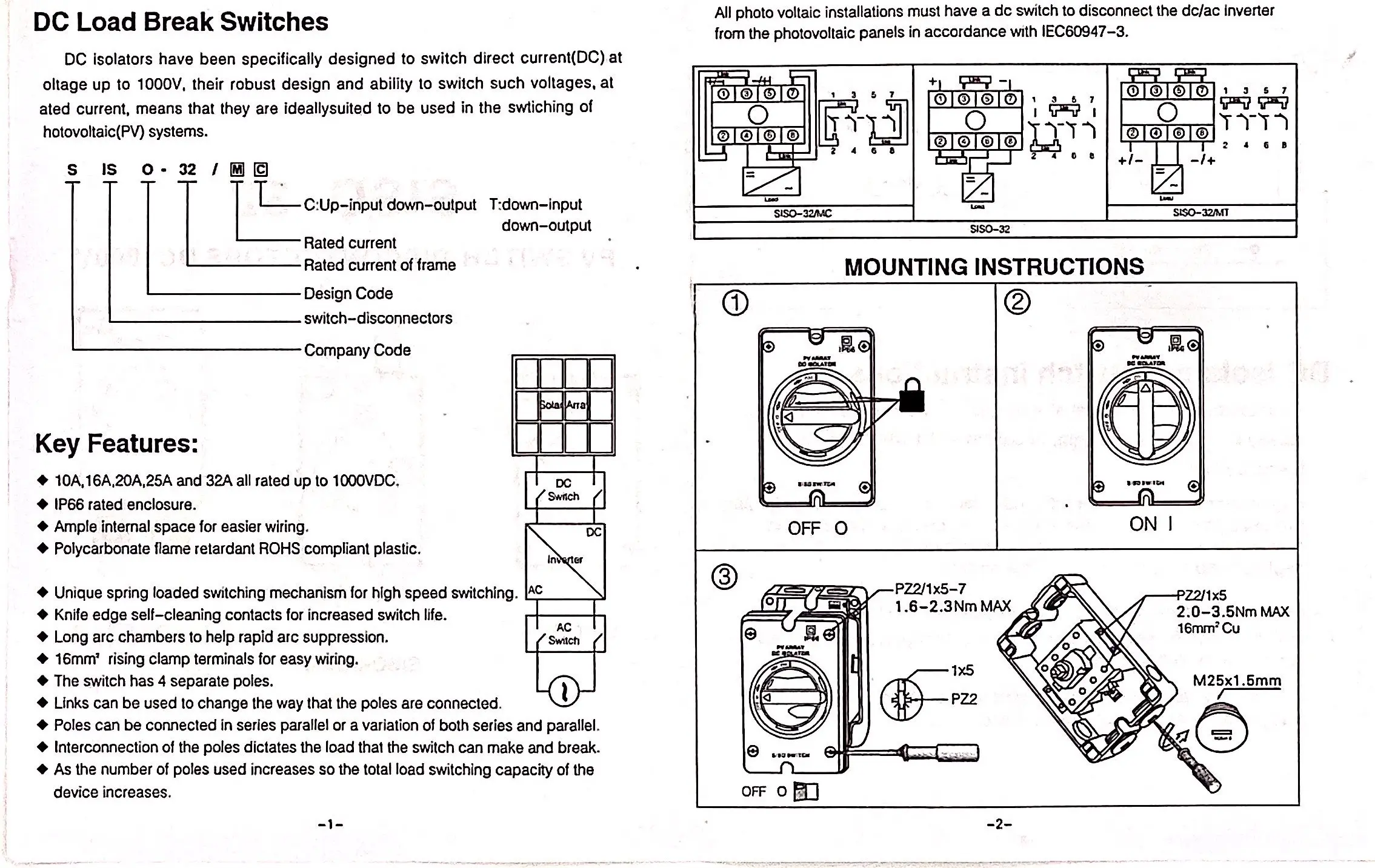 Dc 500V 1000V 1200V Solar Waterdichte 3 Fase 32a 63a Mini Power Isolator Schakelaar Isolator Schakelaar