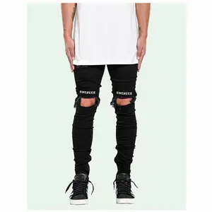 Produttori OEM cina private label all'ingrosso mens designer stirata stretta degli uomini lavato skinny strappato pantaloni jeans neri 0008