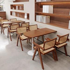 Combo de mesa-silla de madera minimalista, silla con respaldo de ratán, ideal para espacios de librería de café - Product Image 1
