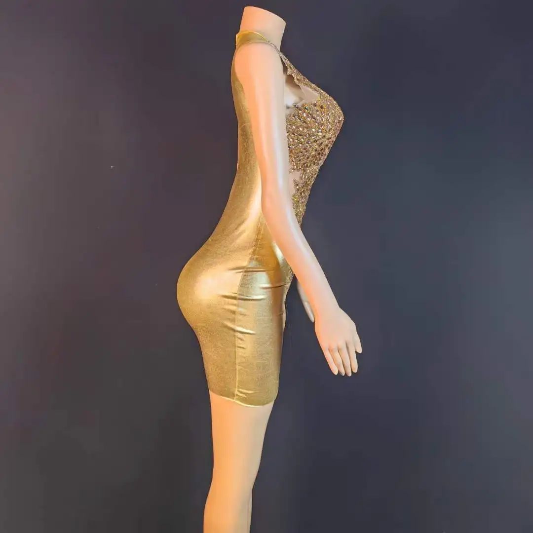Gold Sparkly Rhinestone Sexy Short Dress Women Birthday Prom Evening  Performance Costume Drag Queen Outfit Sleeveless Stage Wear| Alibaba.com