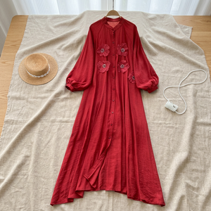 Vestido Maxi Rojo de Lino y Algodón con Apliques Florales, Manga Farol, Cuello Mandarín, Estilo Boho Holgado, Vestido Casual de Verano - Product Image 4