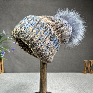 Chapeau à pompon en fourrure de lapin pour femmes, style peinture à l'huile, bonnet d'hiver chaud pour l'extérieur - Product Image 2