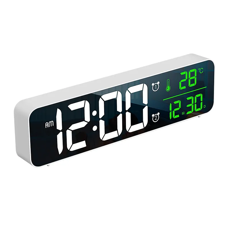 Jam dinding LED Digital, arloji meja cermin musik dengan pengaturan Alarm ganda, desain Modern
