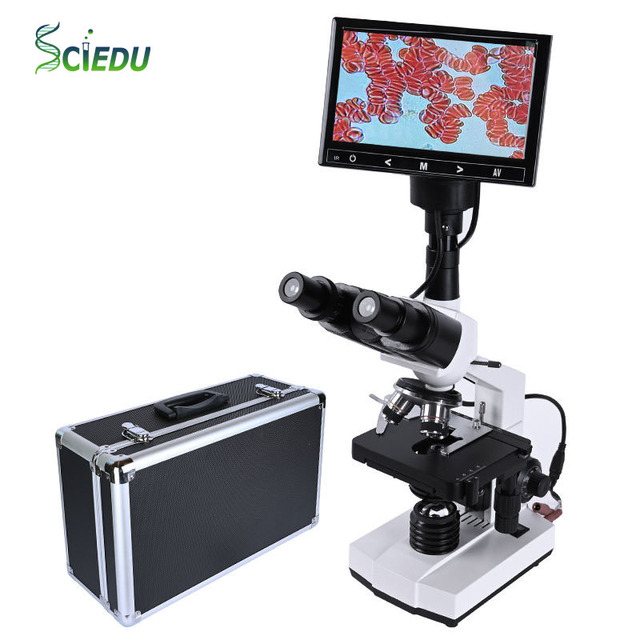 SCIEDU 7-inch LCD Digital Camera Blood Cells Microscope Trinocular Biological Lab USB Led Compound Microscope