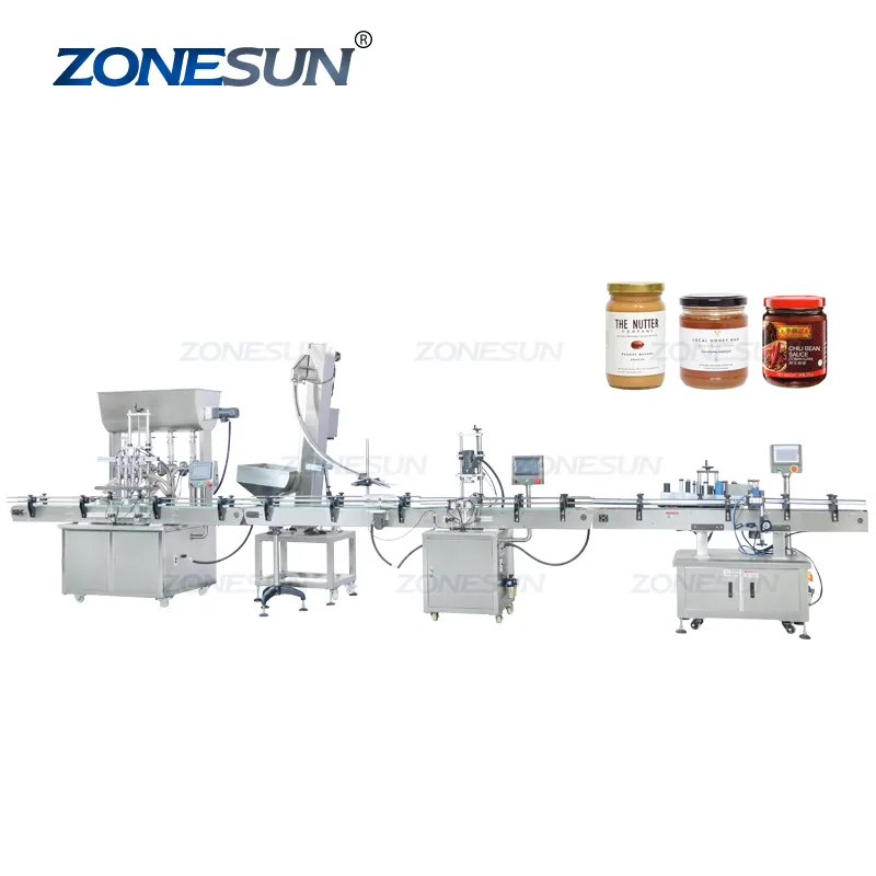 Zonesun ZS-FAL180X3 Volledige Automatische Twist Off Cap Ronde Fles Glazen Pot Vullen Aftopping En Etikettering Machine