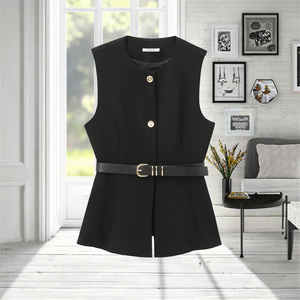 <span class=keywords><strong>Gilet</strong></span> <span class=keywords><strong>sans</strong></span> manches chic et respirant pour <span class=keywords><strong>femme</strong></span>, style vintage, avec rubans de ceinture, en tissu peigné 100 % polyester, col rond, idéal pour les costumes de printemps - Product Image 2