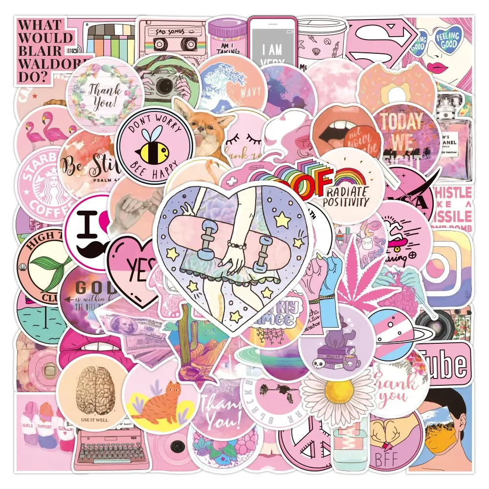 custom 100pcs cartoon VSCO Pink stickers packs for Laptop PVC Sticker Waterproof PVC Graffiti vinyl Animation Sticker for kids