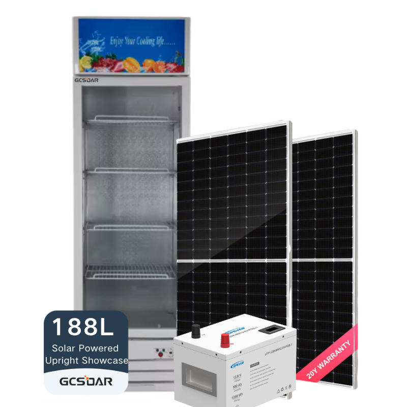 GCSOAR 188L Vitrina vertical con energía solar Nevera solar con compresor para bebidas Pastel Fruta Hogar Tienda Groggery