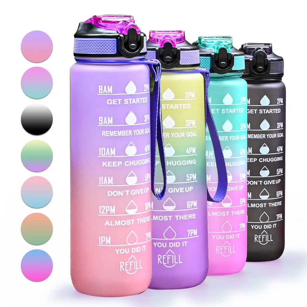 Wholesale 32oz 1L eco friendly large bpa free fitness gym sport motivational water bottle with time marker