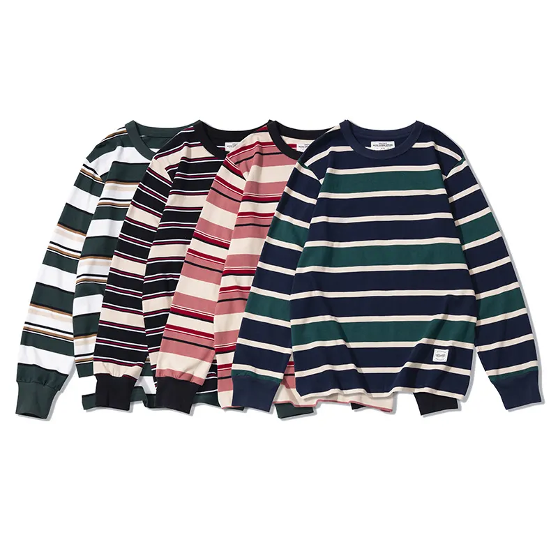 Spring&Summer Hot Sales 280g 100% Cotton Custom Long Sleeve striped Men's Long Sleeve T-Shirts Women