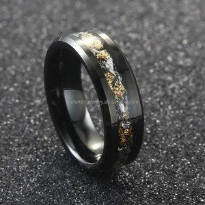 Black Tungsten ring Crushed Meteorite and Gold Leaf Inlay, Men Wedding Bands