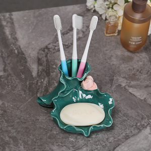 Ruijie Ceramic Toothbrush <b>Holder</b> Leaf Shape <b>Soap</b> <b>Dish</b> Self Drain Bathroom Accessory - Product Image 1