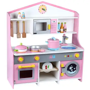 ชุดของเล่นไม้สีชมพูตู้เย็นขนาดใหญ่ทำจากไม้ชุดครัวของเล่นเพื่อการศึกษา
