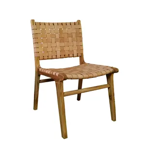 Chaise de salle à manger en teck, cuir véritable, noir et marron - Product Image 1