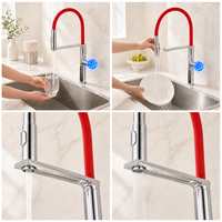 Robinet de cuisine moderne en laiton avec poignée en cristal LED rouge et chromé, rotation à 360 degrés, douchette extractible anti-éclaboussures et aérateur